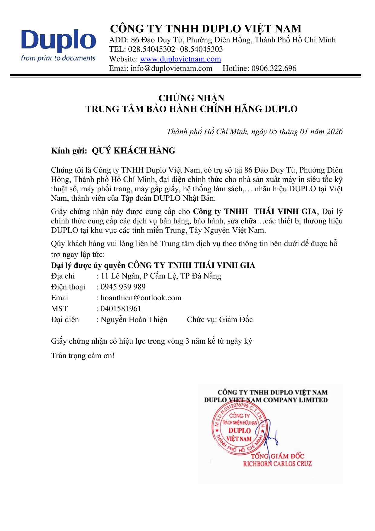 Chứng nhận Trung tâm bảo hành chính hãng DUPLO của Công ty TNHH Thái Vinh Gia